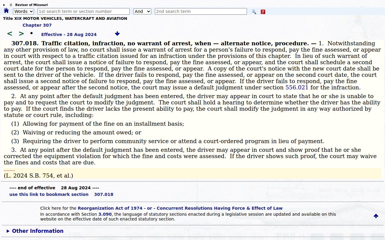 Missouri Chapter 307 traffic infraction rule