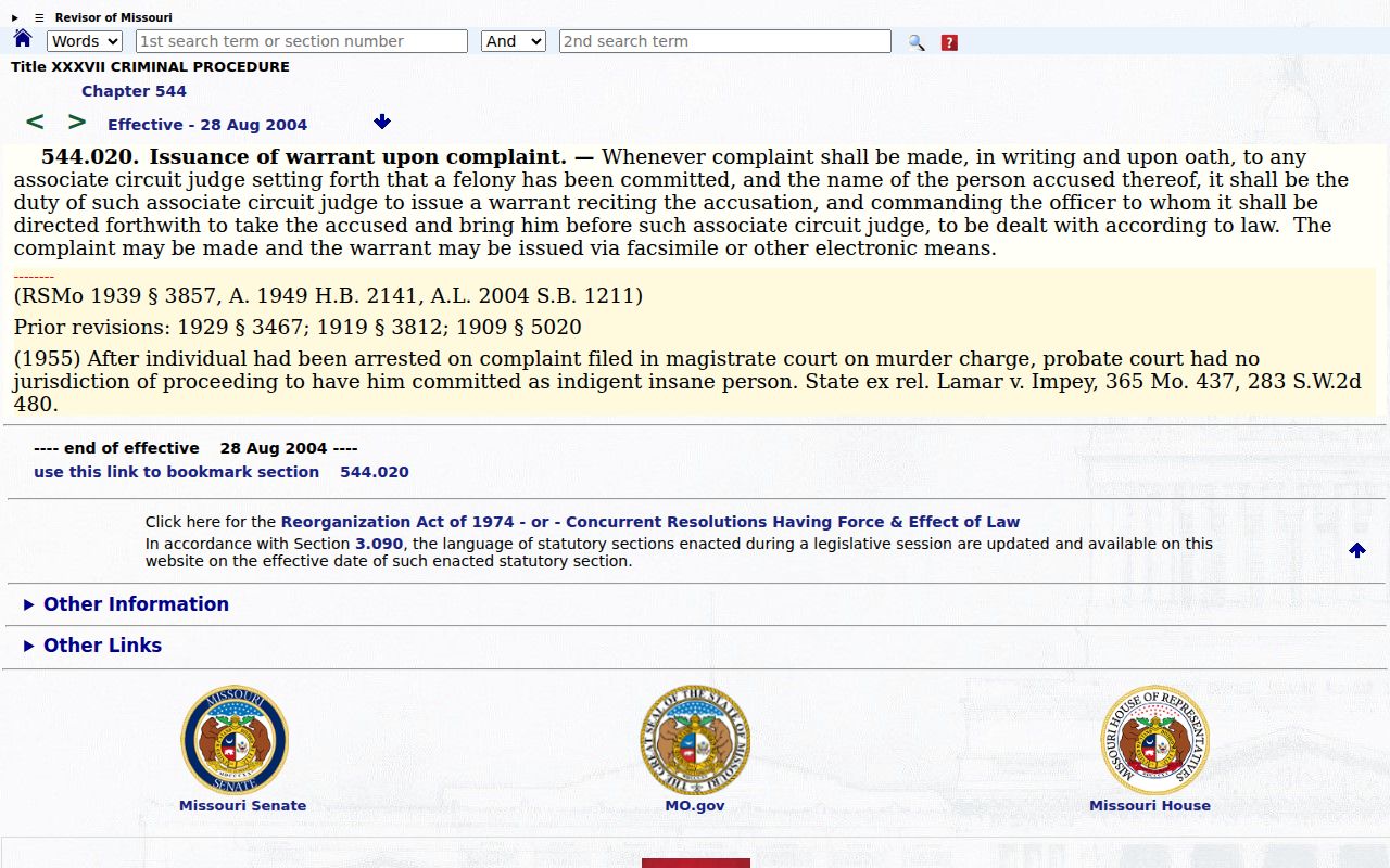 Missouri sworn complaint and warrant issuance law